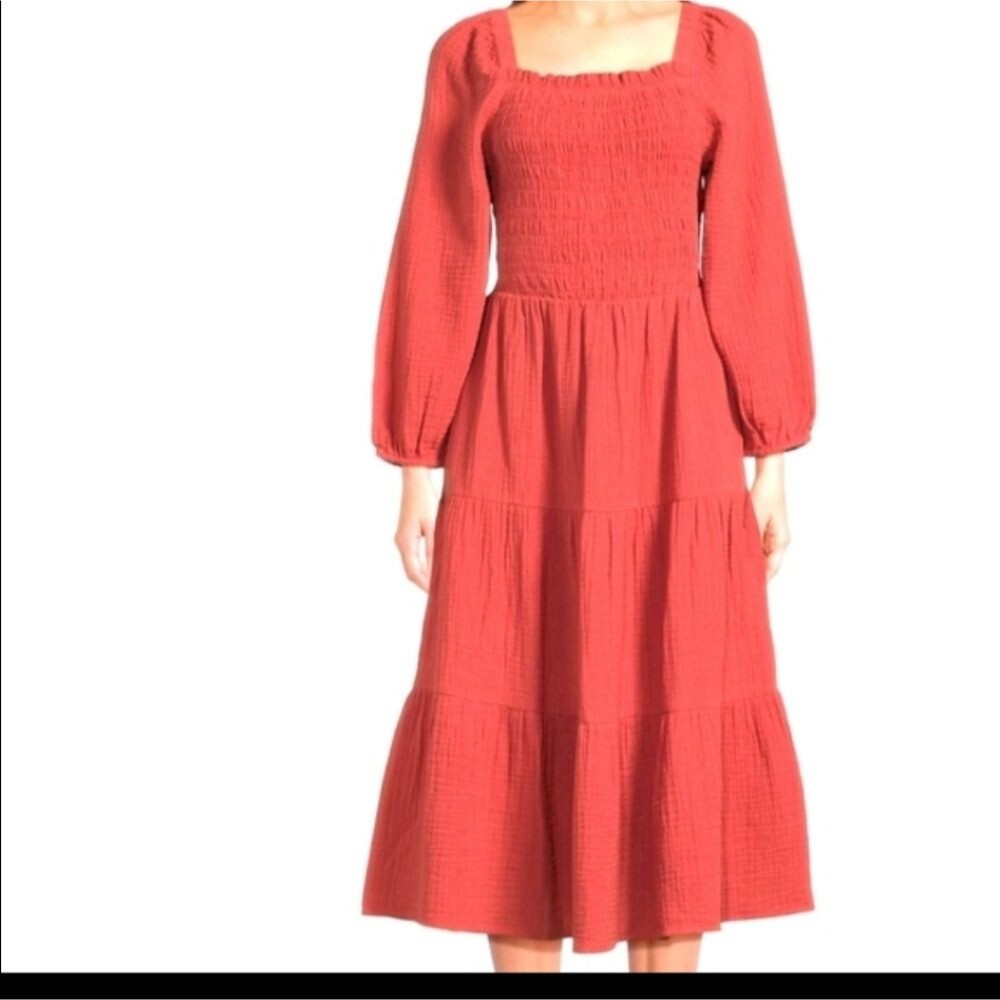 Beachlunchlounge Cotton Luana Cutout Back Smocked Midi Dress in Rust Sz XL - NWT